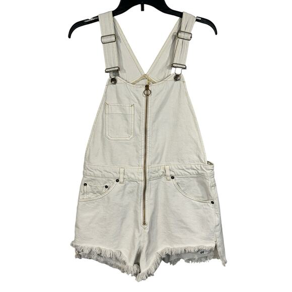 Free People SZ 8 Sunkissed Jean Overalls Zip-Front Frayed Hems Beige We the Free - Picture 1 of 12